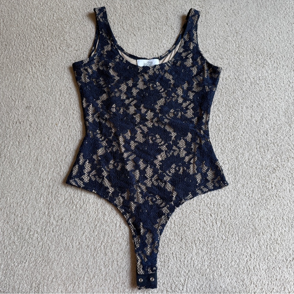 BELLE BADGLEY MISCHKA BLUE NUDE LACE Floral BODYSUIT KNIT Top STRETCH Tank Top